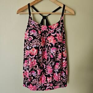 Lands' End Floral Cross Back Tankini Top, Size 12 Pink Blouson Banded